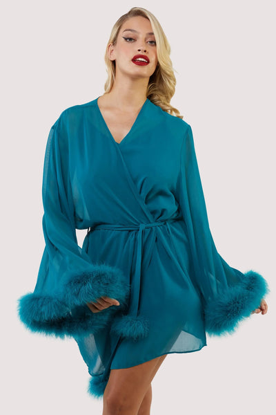 Bettie Page Teal Feather Robe - Coco & Lola's Lingerie Memphis 
